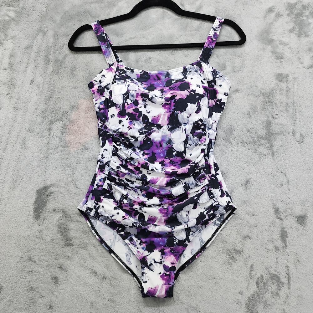 NEW Jusfitsu Swimsuit Size 6 Purple Black‎ Floral Ruched Tummy Control High Cut